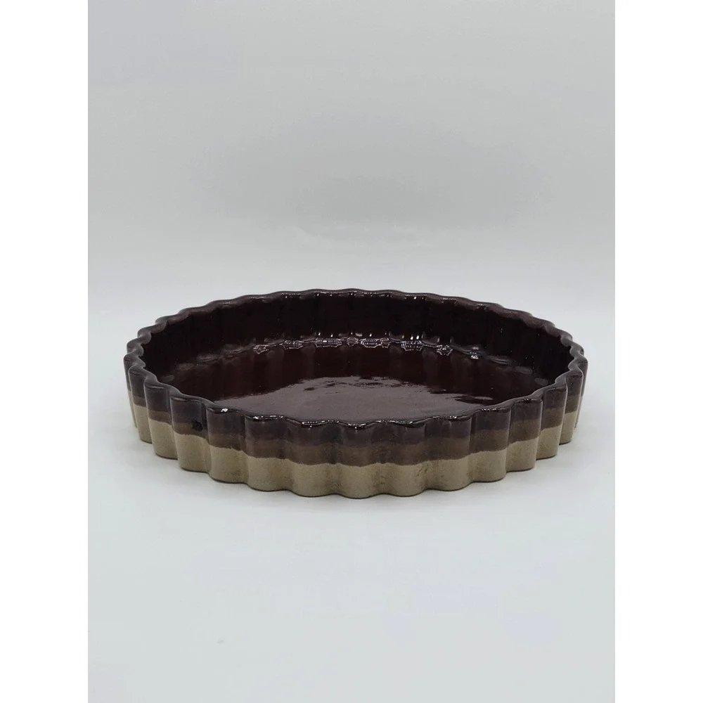 Vintage Brown Glazed Stoneware Quiche Tart Pan Fluted Ceramic Baking Dish 9.5
